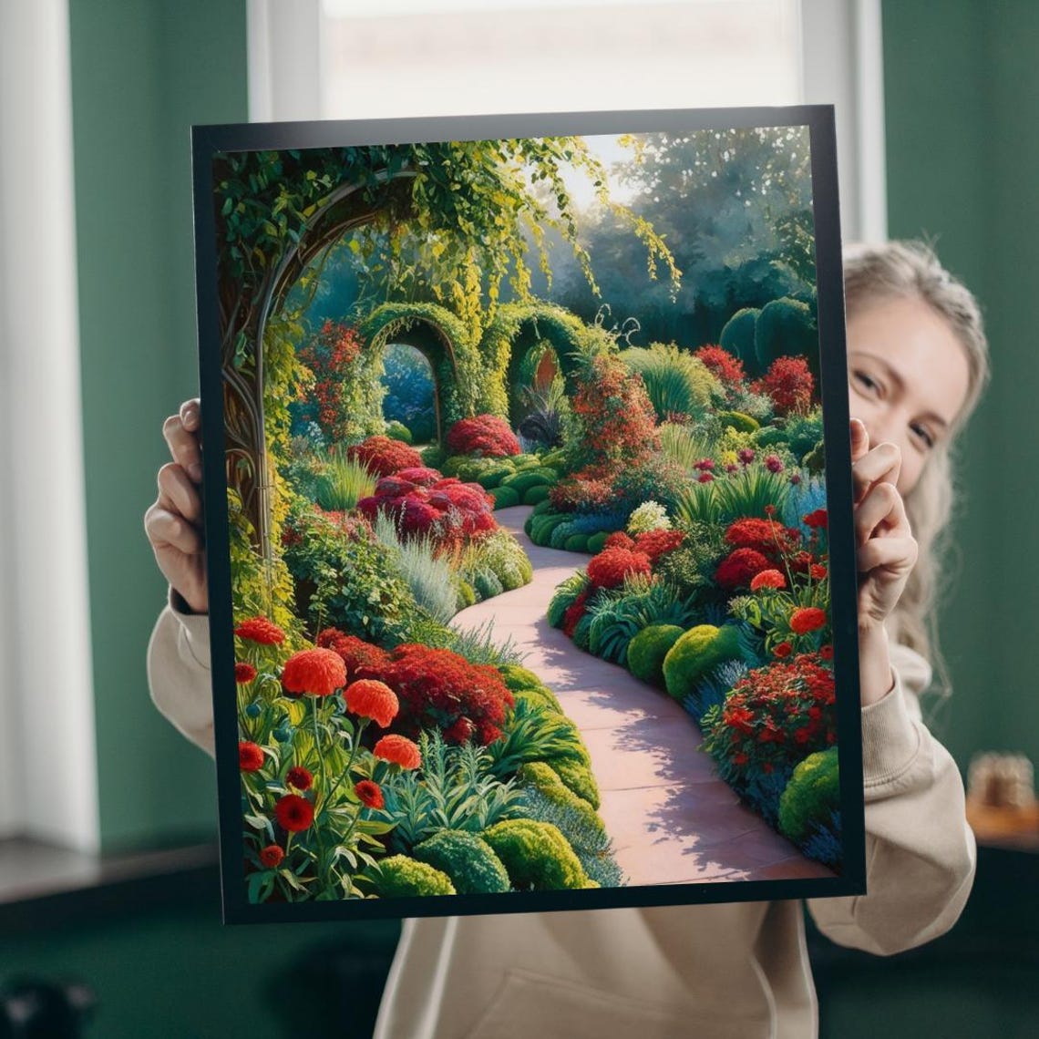 Manicured Formal Garden Red Flower Beds Winding Path Art Poster