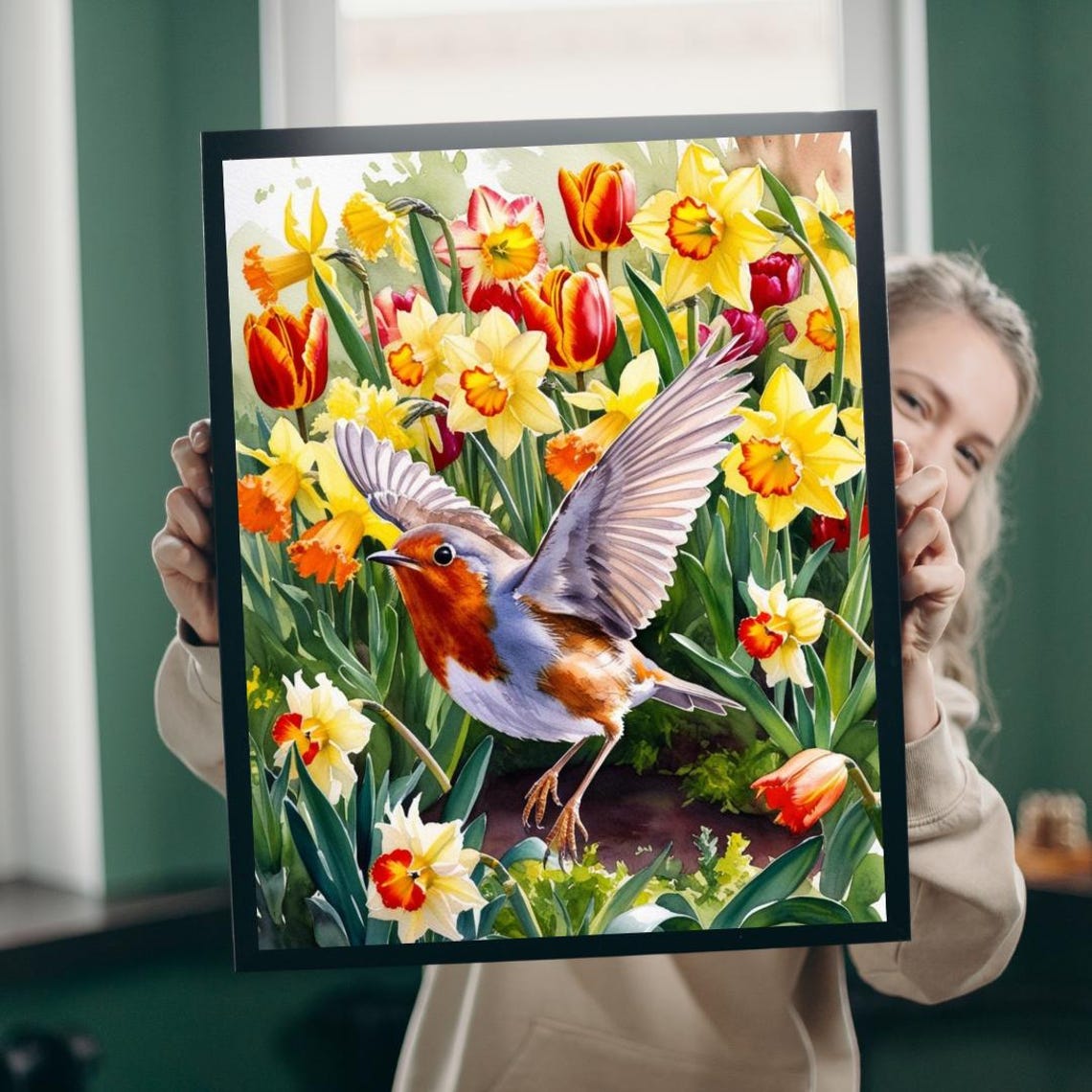 Lovely Robin Bird Spring Daffodils Tulips Flower Garden Art Poster