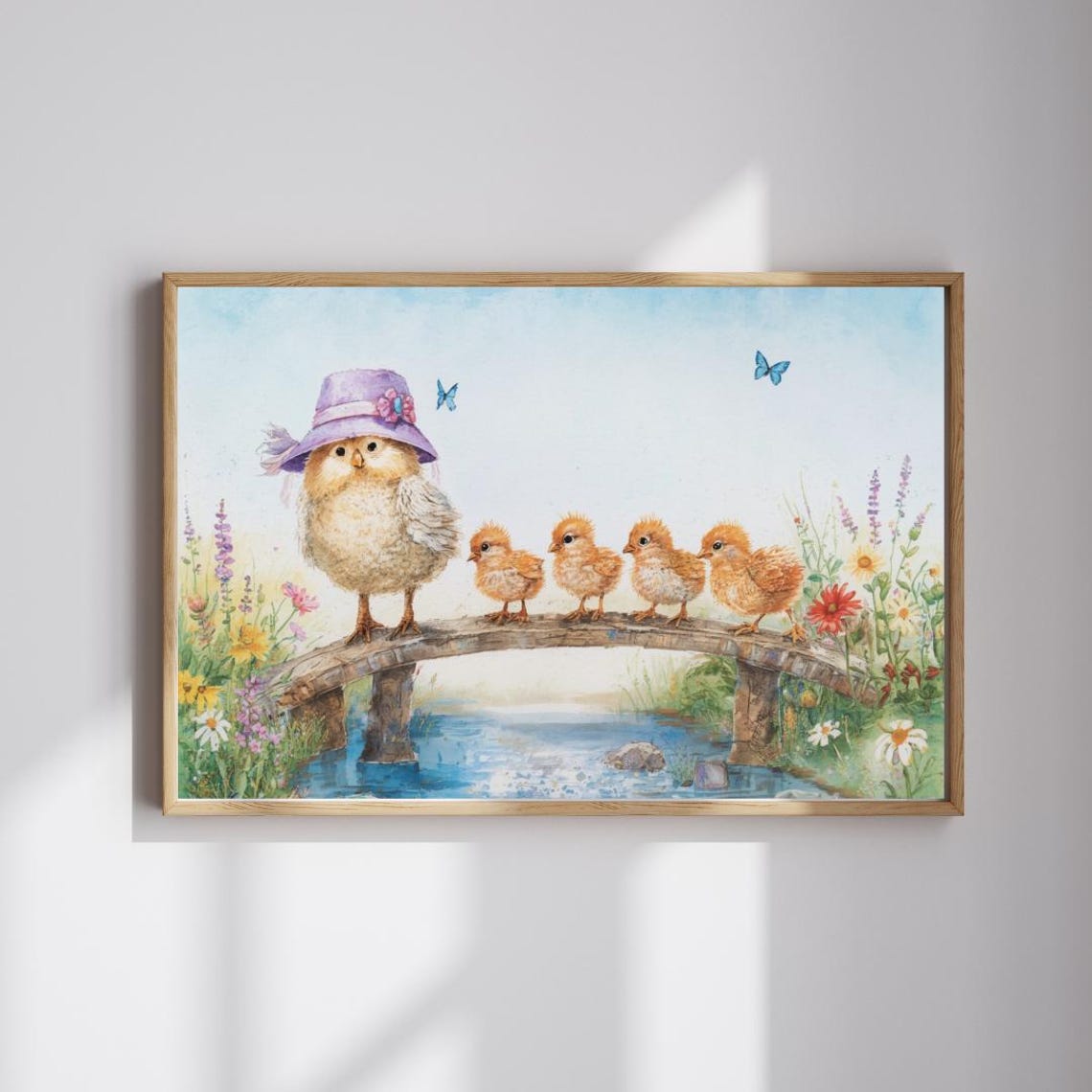 Mother Hen Leading Chicks Across Bridge Watercolor Spring Poster