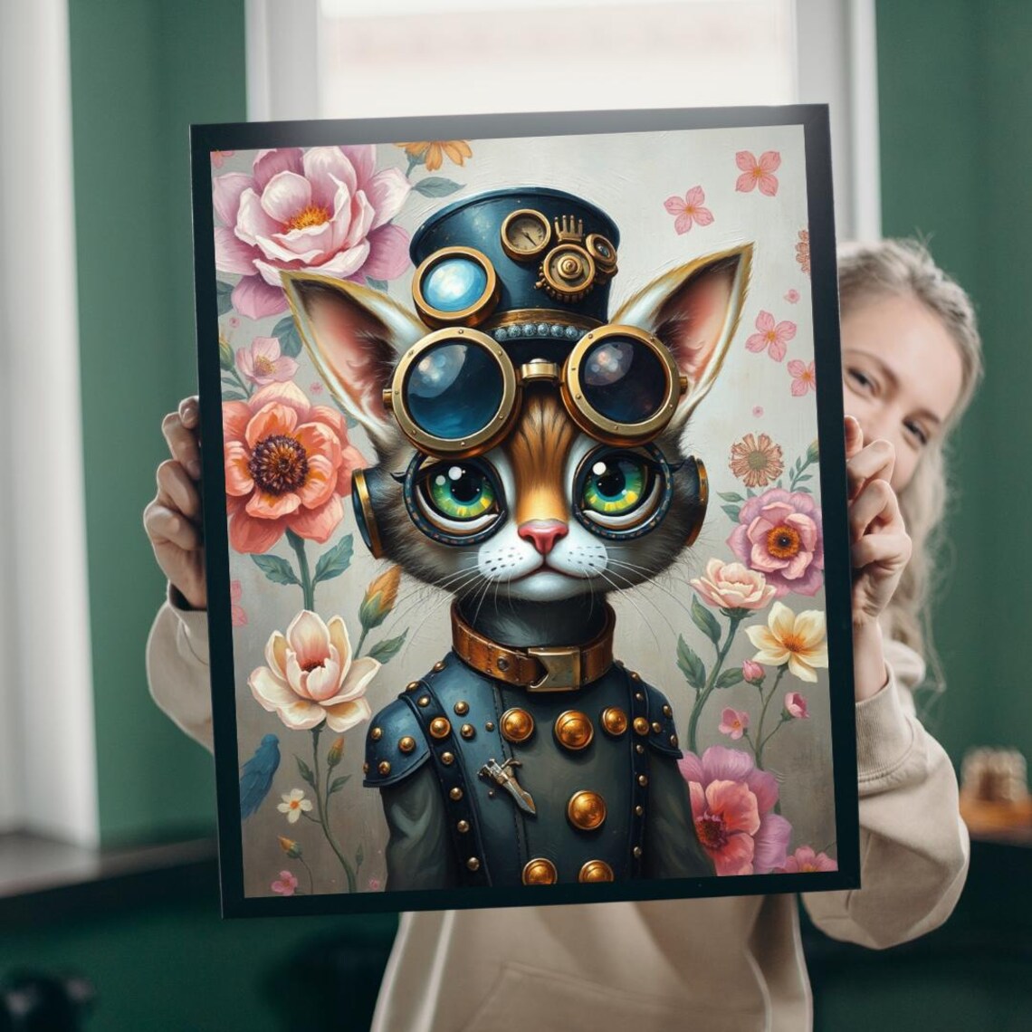 Steampunk Cat Art Print, Whimsical Vintage
