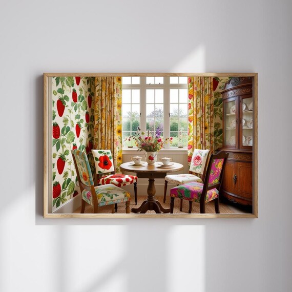 Cozy Strawberry Floral Wallpaper Cottage Kitchen Dining Nook Poster