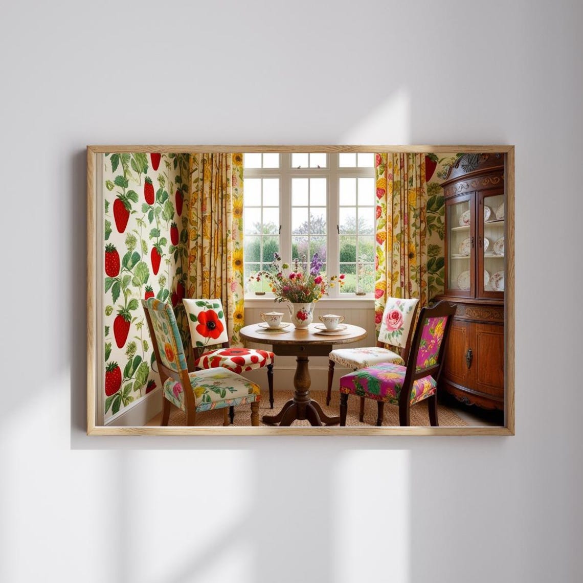 Cozy Strawberry Floral Wallpaper Cottage Kitchen Dining Nook Poster