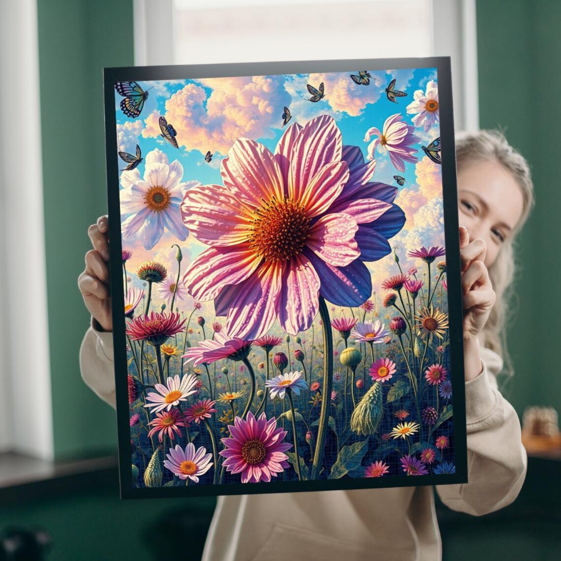 Floral Dreamscape Dahlia and Butterfly Meadow Blossom Poster