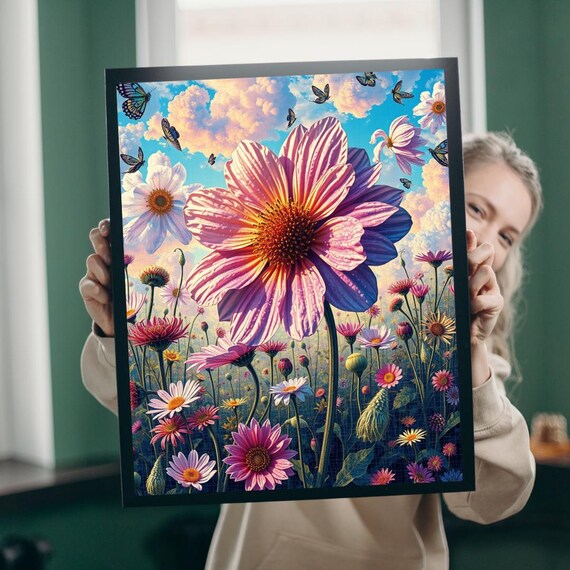 Floral Dreamscape Dahlia and Butterfly Meadow Blossom Poster