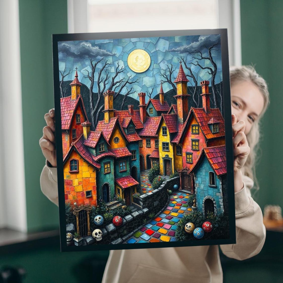 Halloween Spooky Village Full Moon Skulls Red Roofs Gothic Poster
