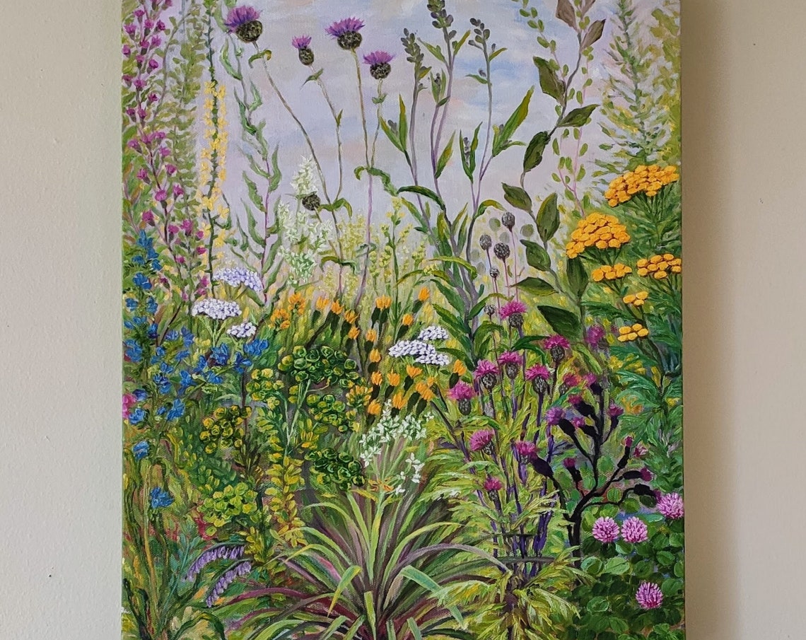Wildflower Garden Herbs Thistles Botanical Oil Painting Green Wall Art