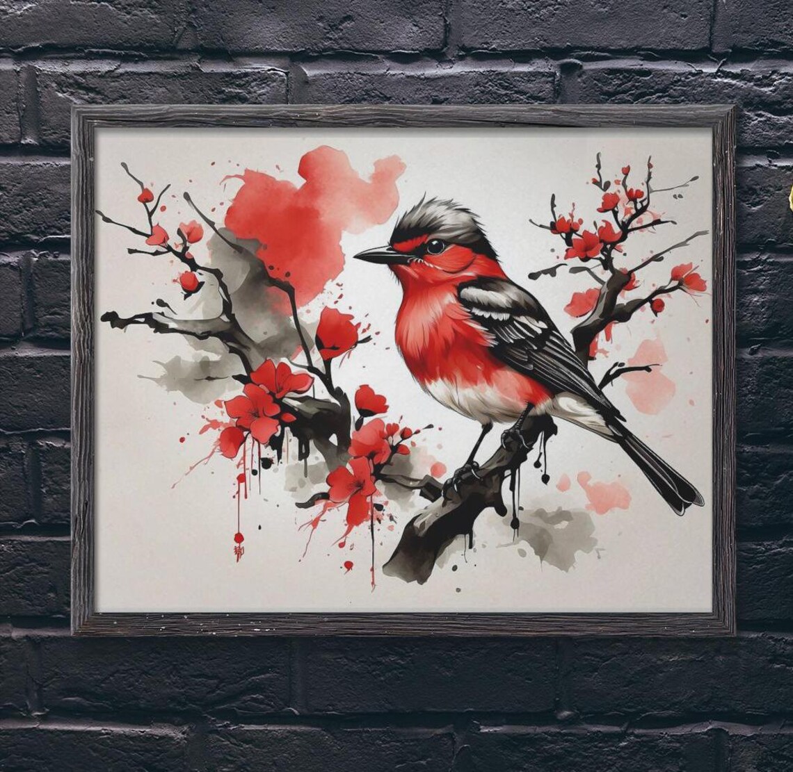 Scarlet Songbird On Cherry Blossom Branch Japanese Ink Art Poster