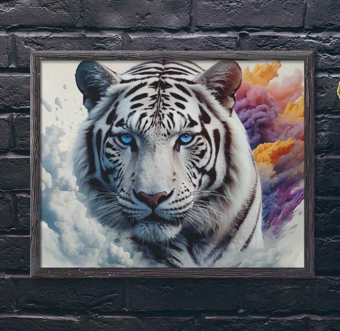 White Tiger With Piercing Blue Eyes Colorful Smoke Portrait Poster