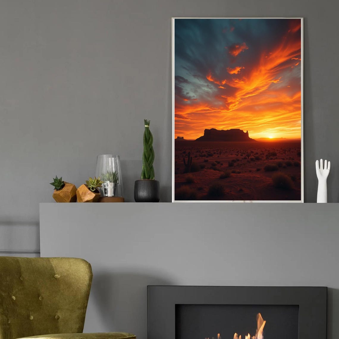 Desert Mesa Sunset Fiery Orange Sky Cacti Western Landscape Poster - Image 2