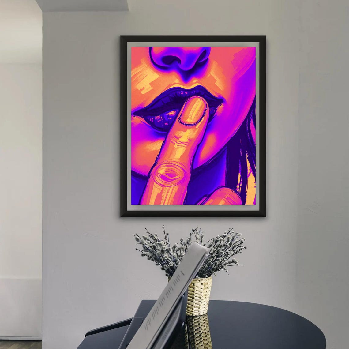 Neon Pop Art Lips Finger Over Mouth Vibrant Purple Orange Modern Print - Image 3