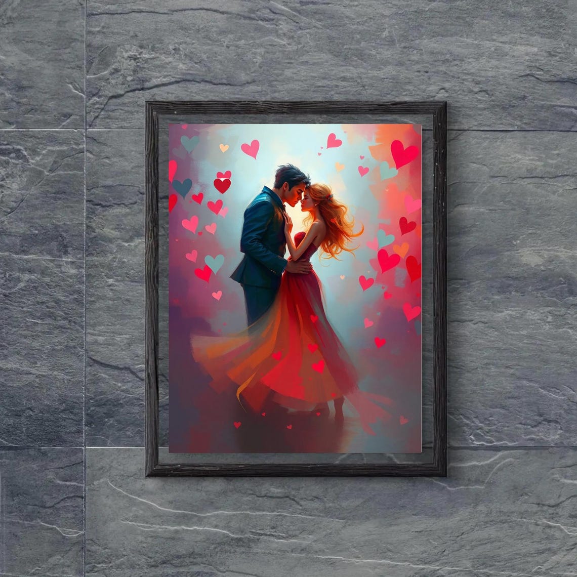 Romantic Dancing Couple In Red Dress Surrounded By Hearts Poster