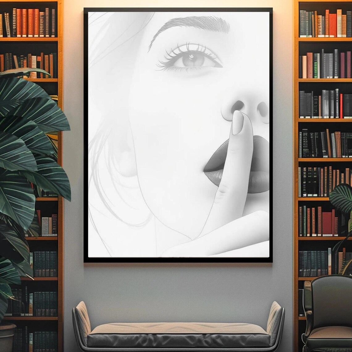 Black White Pop Art Woman Finger Over Lips Silence Minimal Modern Print - Image 4