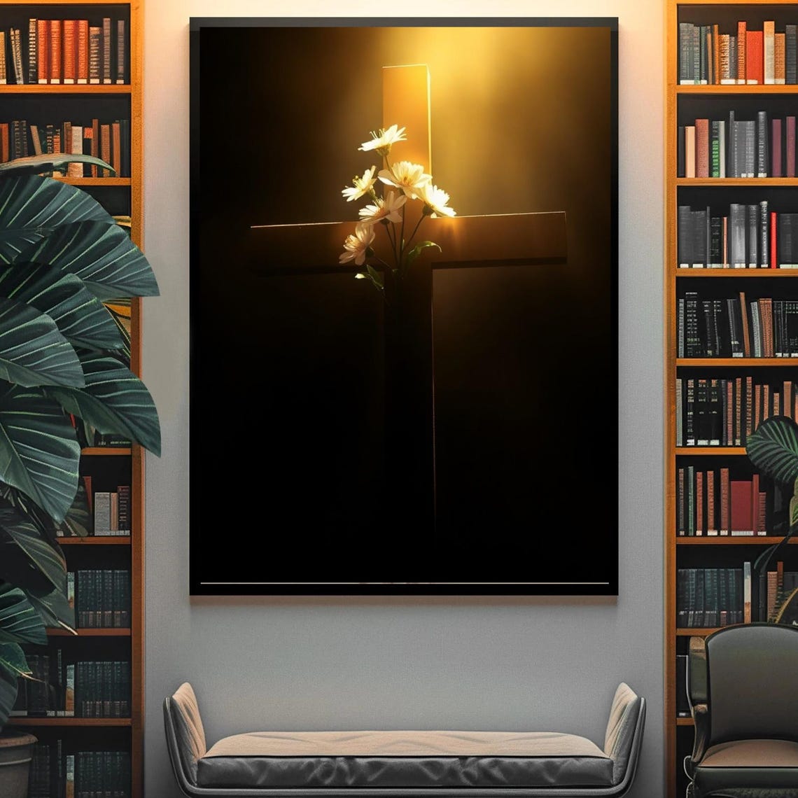 Wooden Cross With White Daisies In Golden Light Christian Wall Poster - Image 4