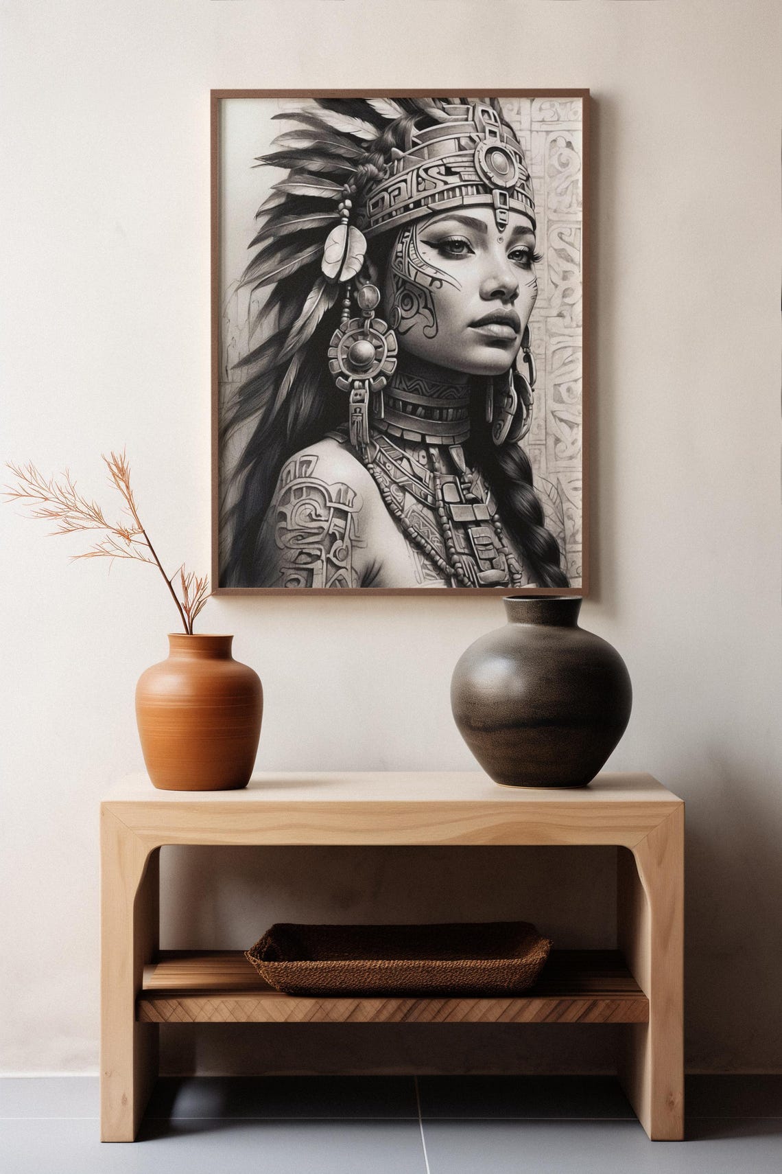 Aztec Warrior Woman With Feather Headdress Charcoal Sketch Poster - Image 4