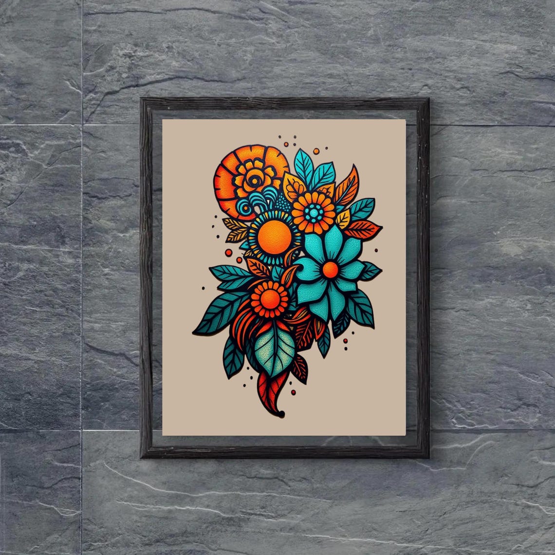 Tattoo Style Floral Bouquet Orange Teal Flowers Beige Botanical Poster