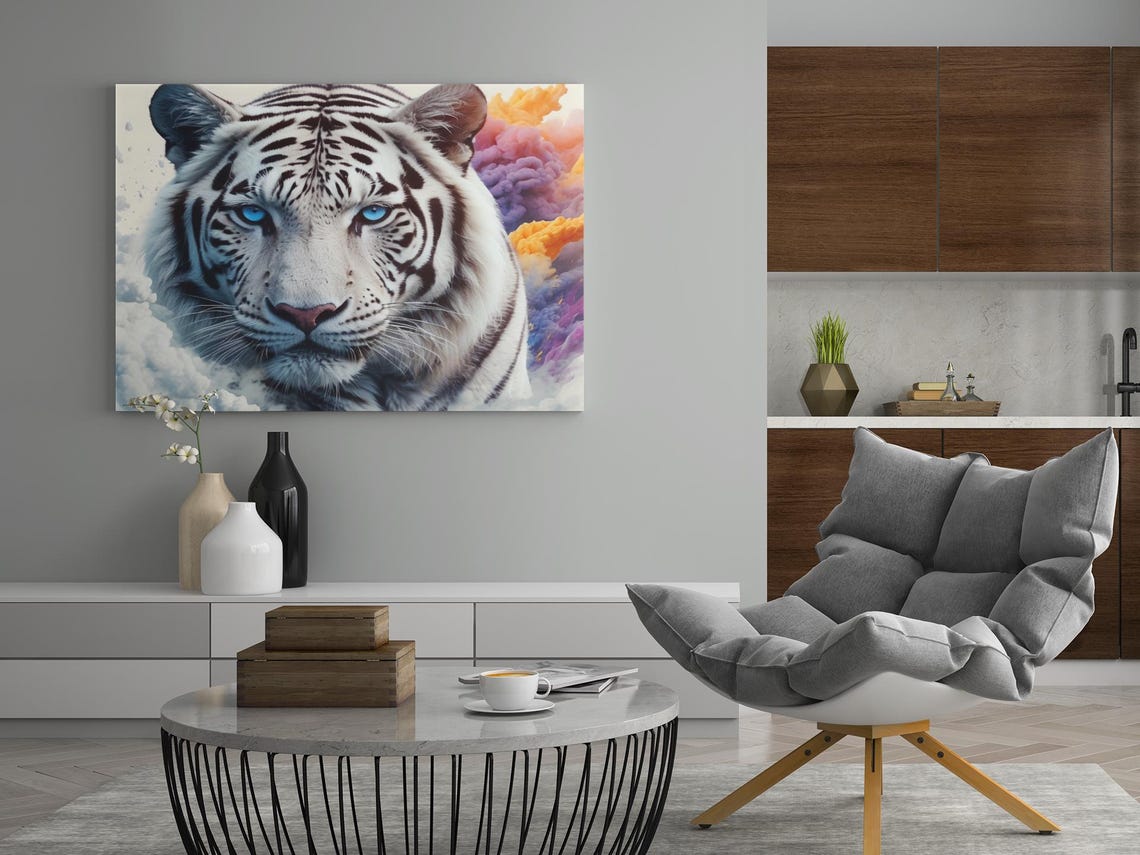 White Tiger With Piercing Blue Eyes Colorful Smoke Portrait Poster - Image 3