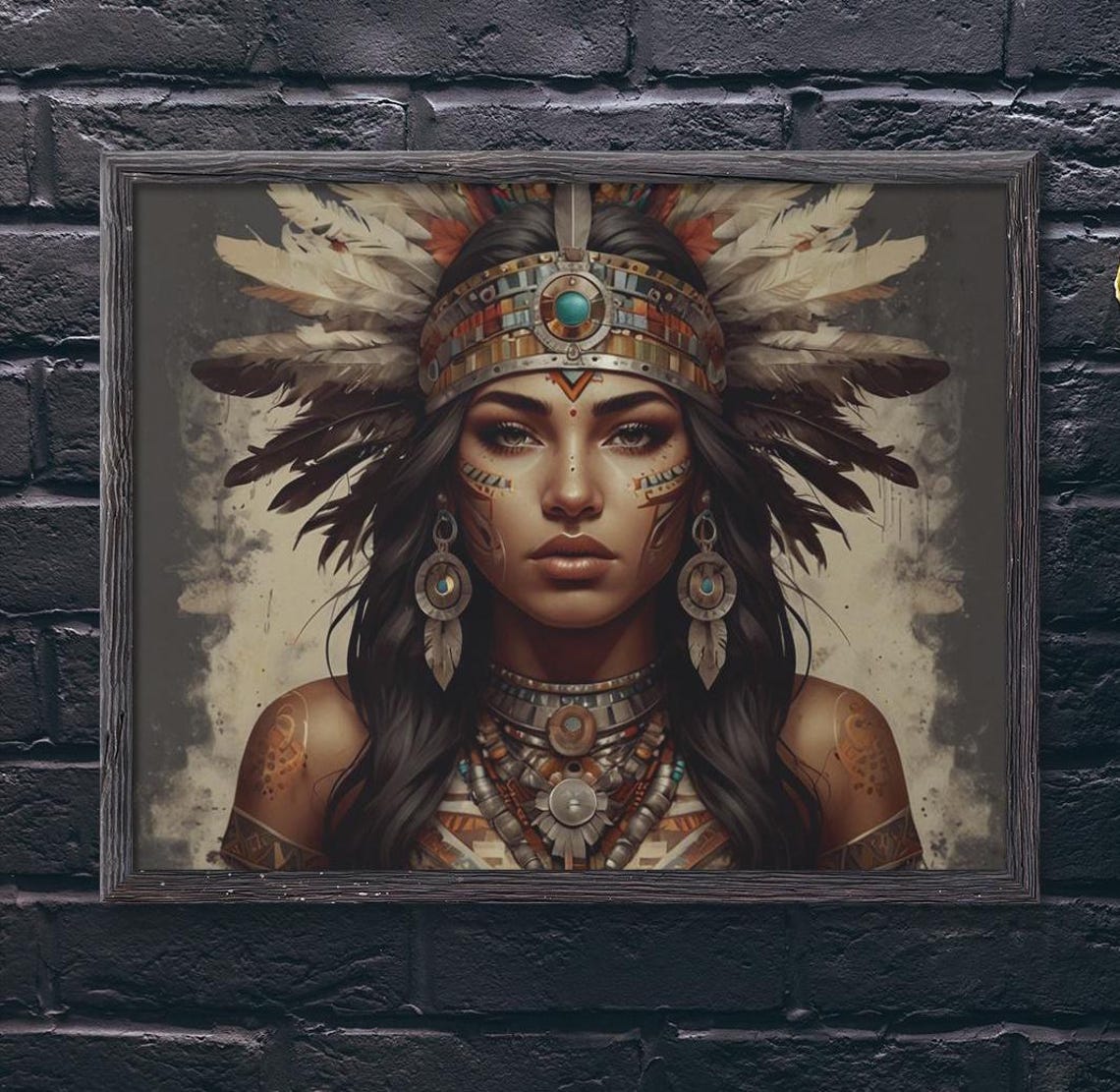 Aztec Princess Portrait With Feather Headdress And Turquoise Poster