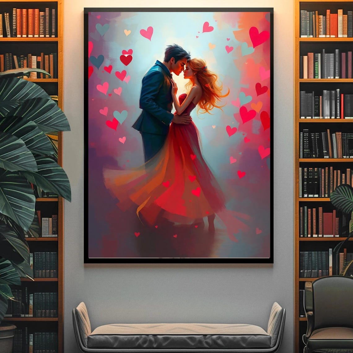 Romantic Dancing Couple In Red Dress Surrounded By Hearts Poster - Image 4