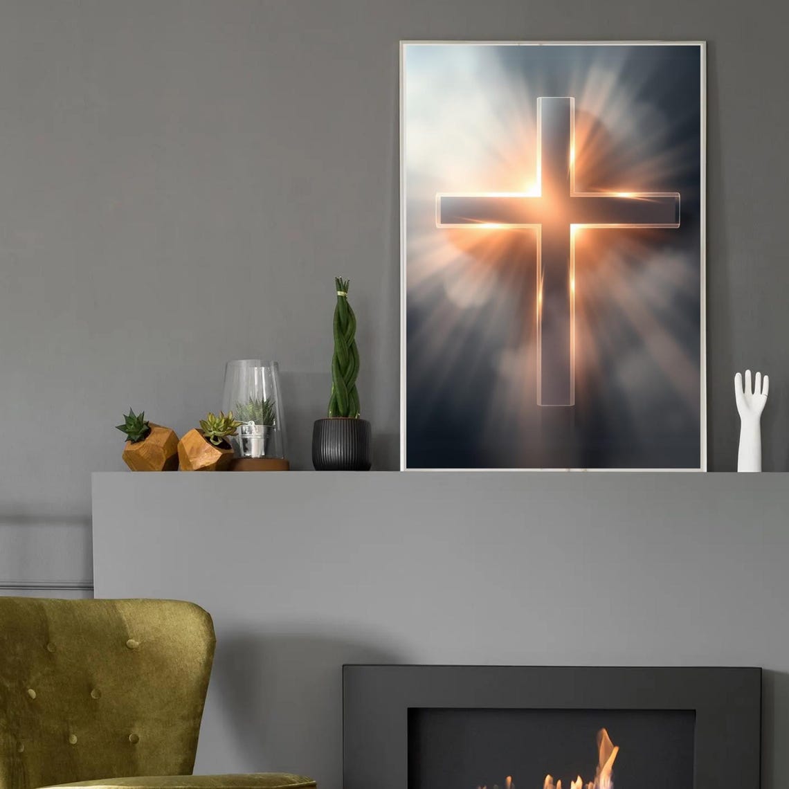 Glowing Cross Divine Light Rays Dark Cloudy Sky Faith Christian Poster - Image 2