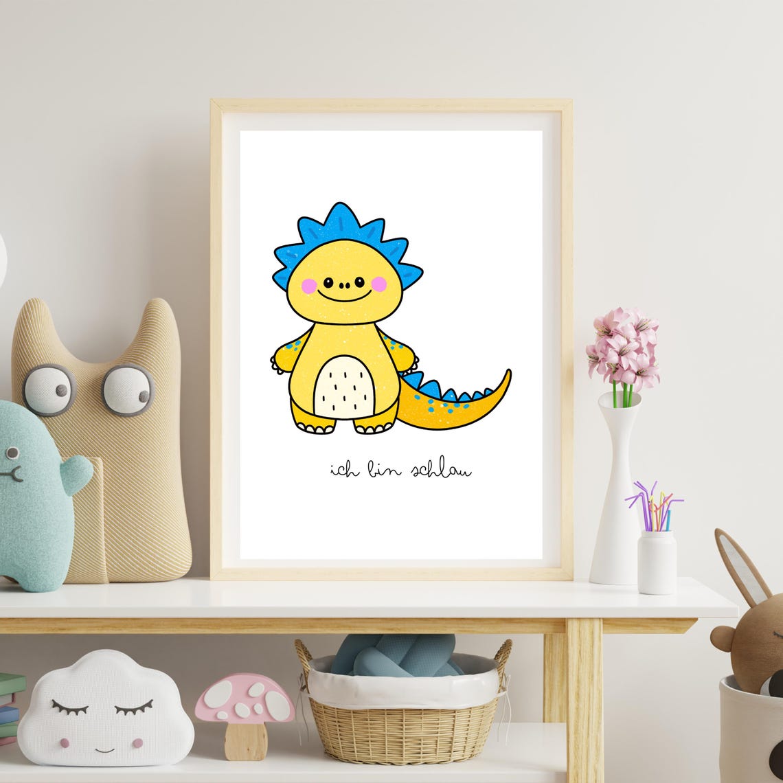 Smiling Yellow Dinosaur 'I Am Smart' Affirmation Kids Bedroom Poster