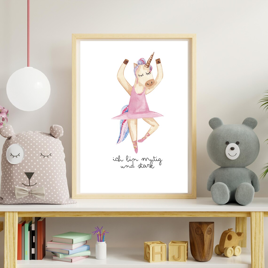 Unicorn Ballerina In Pink Dress 'Brave And Strong' Girls Room Poster