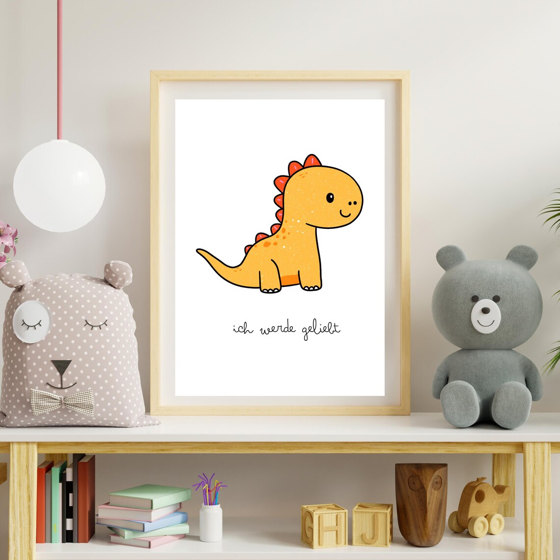 Friendly Orange Cartoon Dinosaur 'I Am Loved' Kids Bedroom Poster