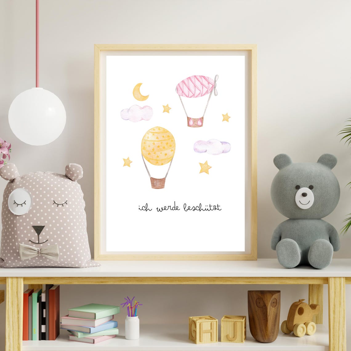 Pastel Hot Air Balloons Night Sky 'I Am Protected' Nursery Poster