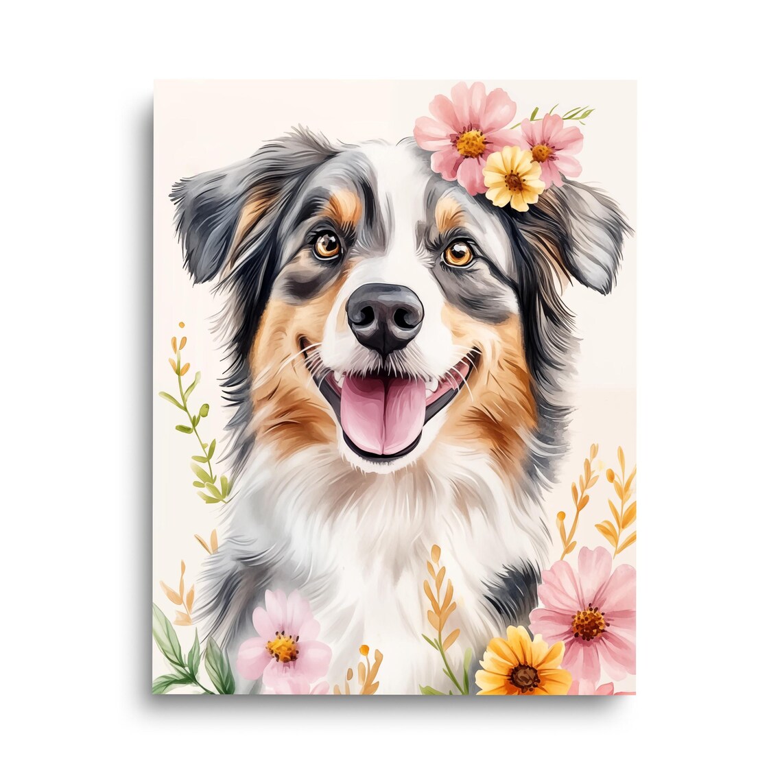 Joyful Smiling Australian Shepherd Wearing a Flower Crown Dog Poster