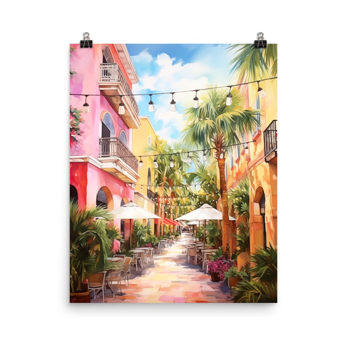 Espanola Way Watercolor Art Print, South Beach Miami