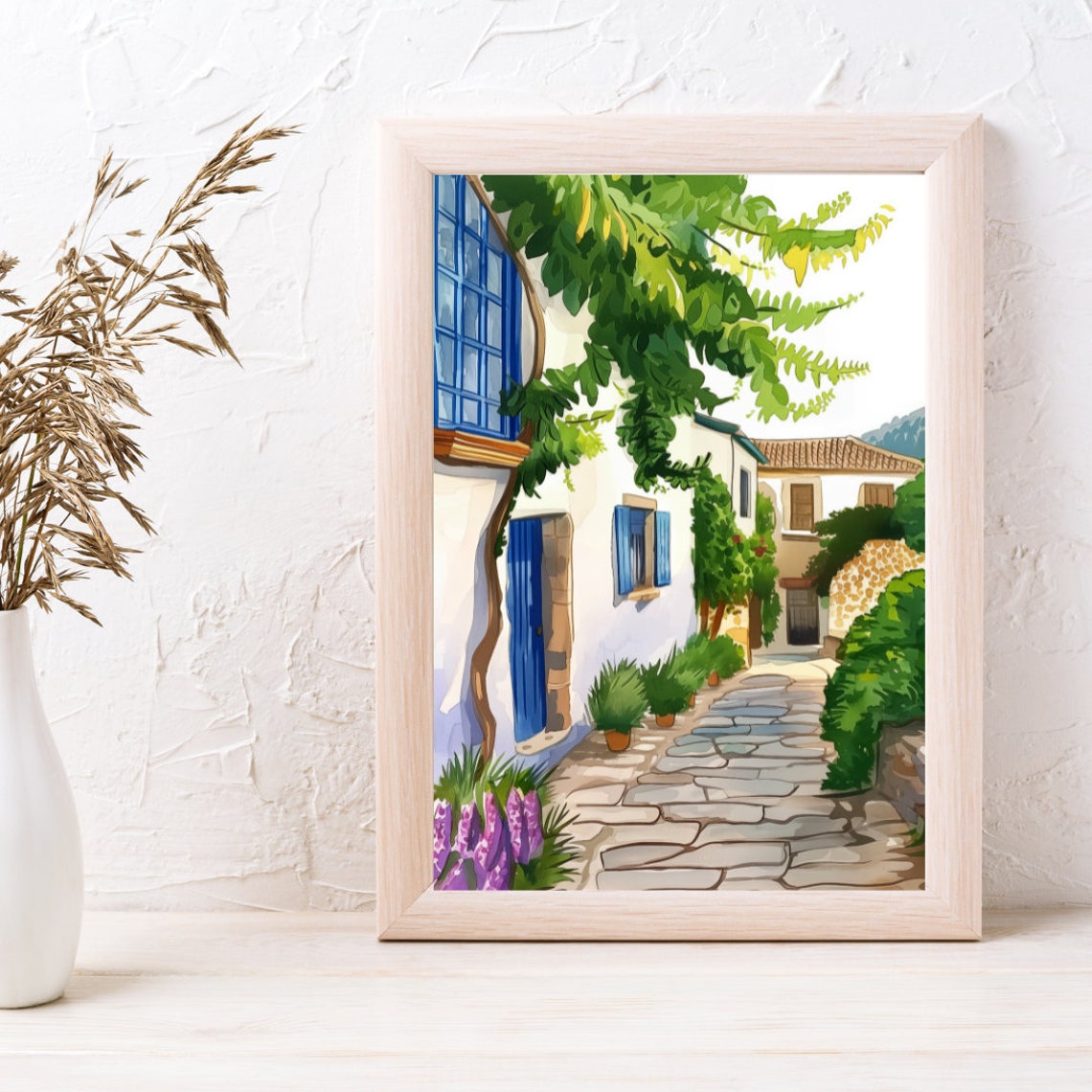 Cadaques Whitewashed Alley with Blue Shutters and Vines Poster - Image 3