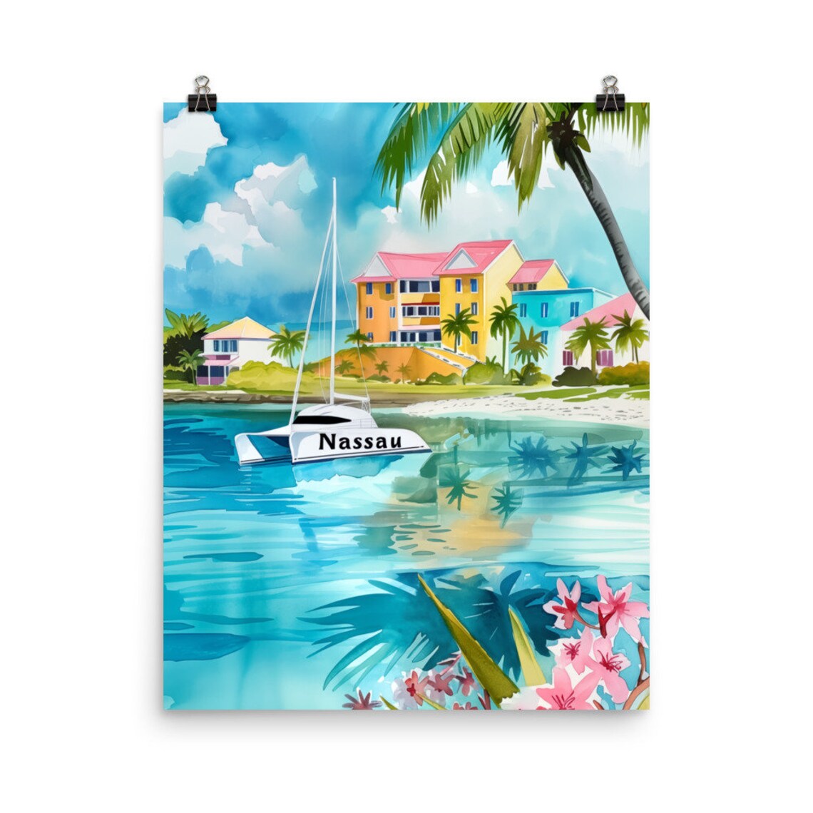 Nassau Watercolor Travel Poster, Bahamas Coast