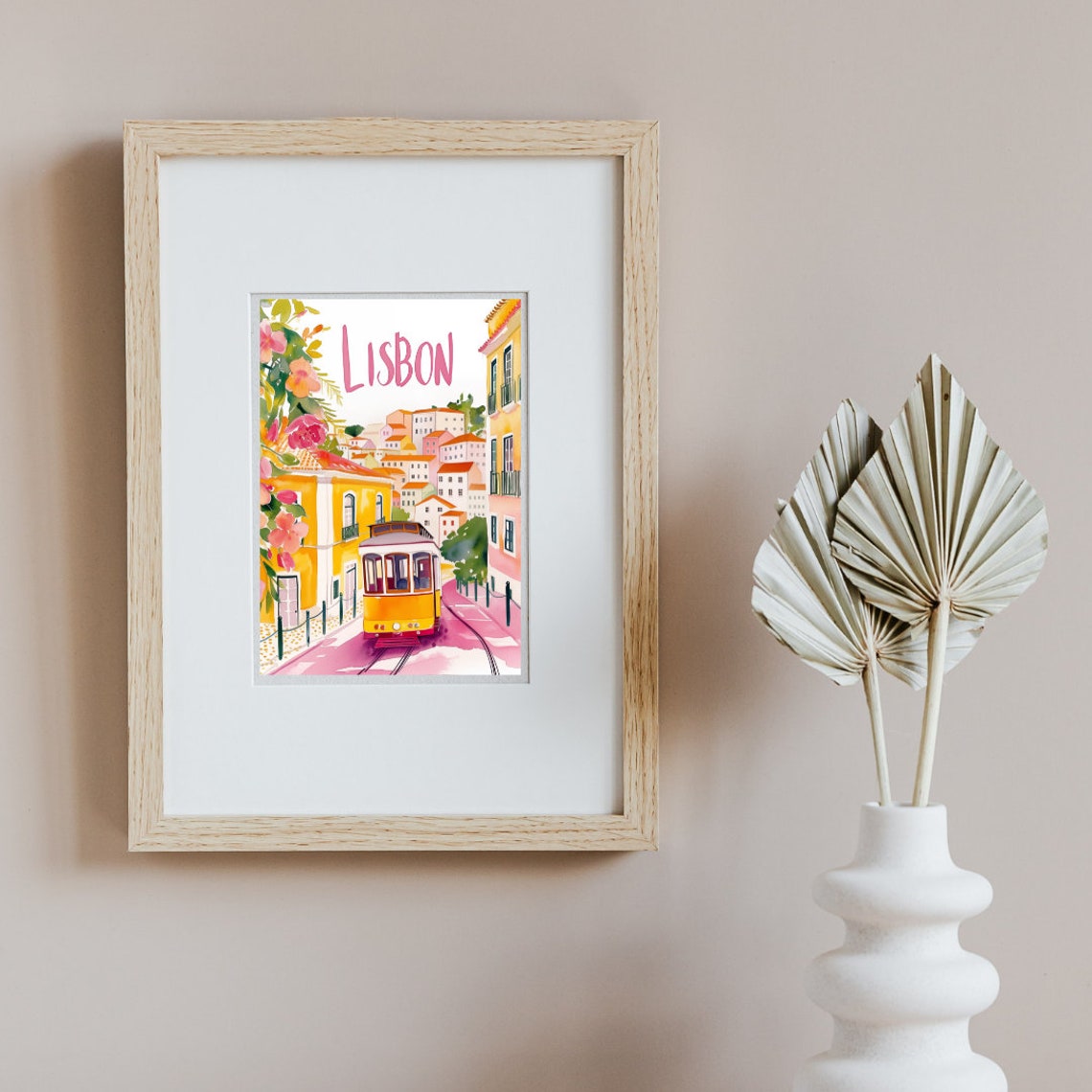 Lisbon Yellow Tram Poster with Alfama Houses and Pink Flowers - Image 2
