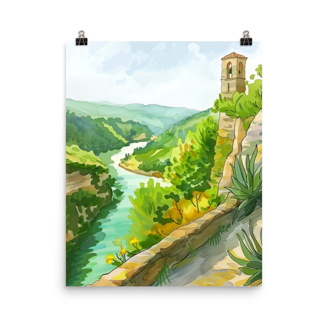 Siurana River Gorge Bell Tower Green Hills Watercolor Poster