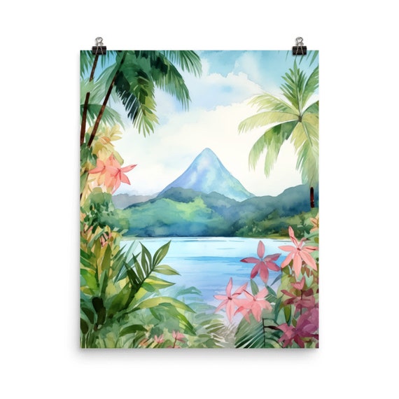 St Lucia Watercolor Print Caribbean Gift Tropical Island Decor Coastal Landscape Islands Palm Trees Rainforest Art