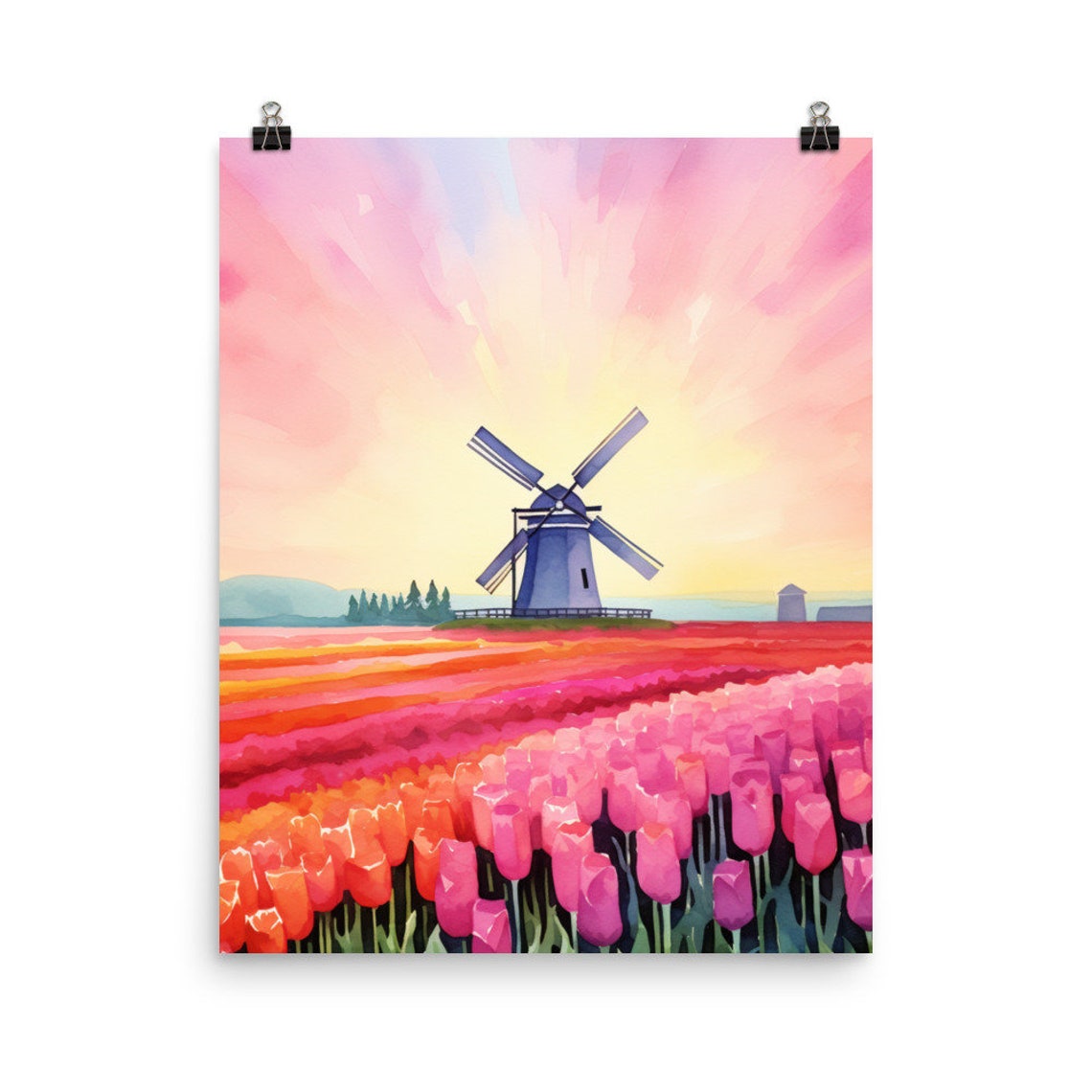 Netherlands Tulip Fields Windmill Sunrise Striped Watercolor Poster