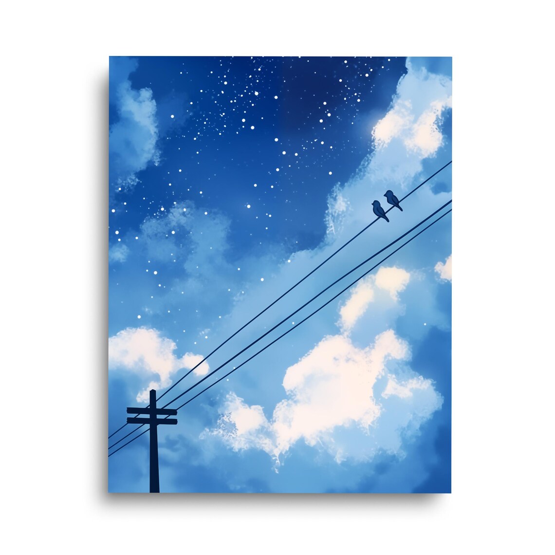 Birds on a Powerline Watercolor Art Print, Starry Sky