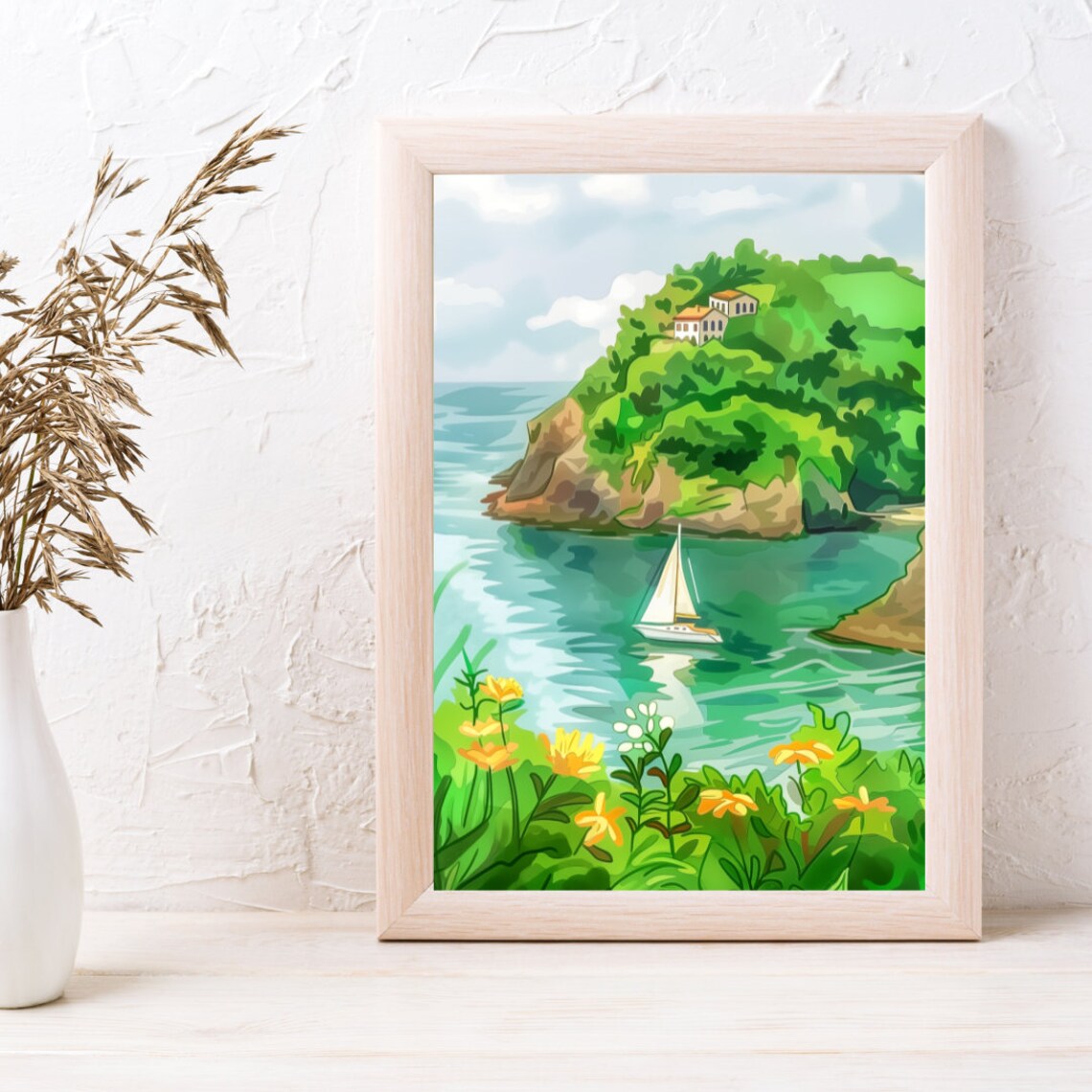 San Sebastian Sailboat Bay Green Headland Flowers Watercolor Poster - Image 3