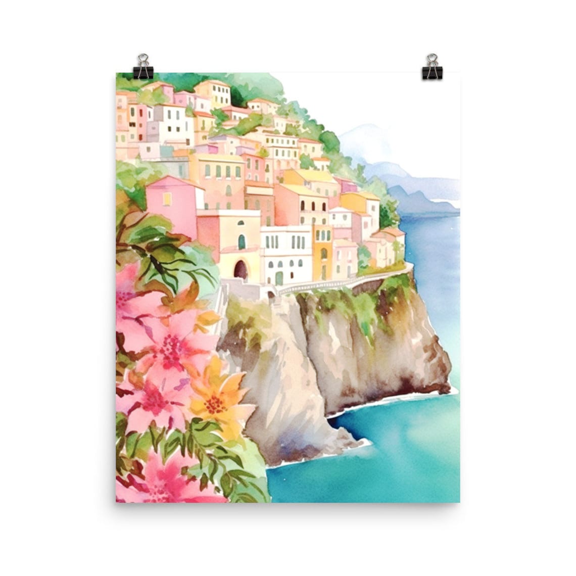 Cinque Terre Watercolor Travel Poster, Italy Coast