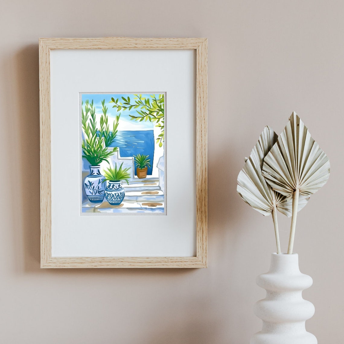 Greek Olive Branch Blue White Vases Sea Steps Watercolor Poster - Image 2