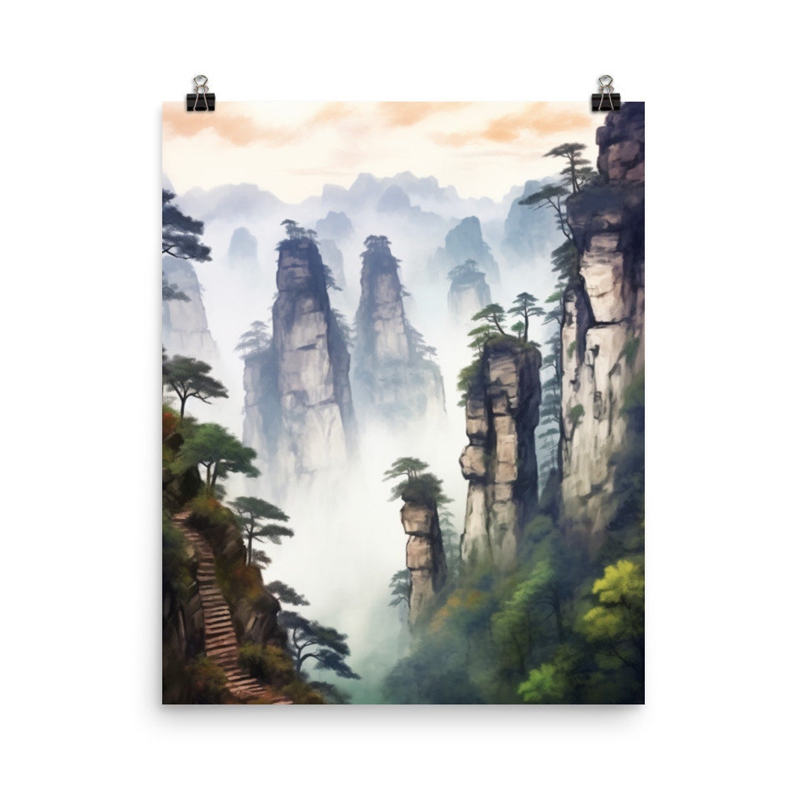 Wulingyuan China Misty Stone Pillars Watercolor Mountain Poster
