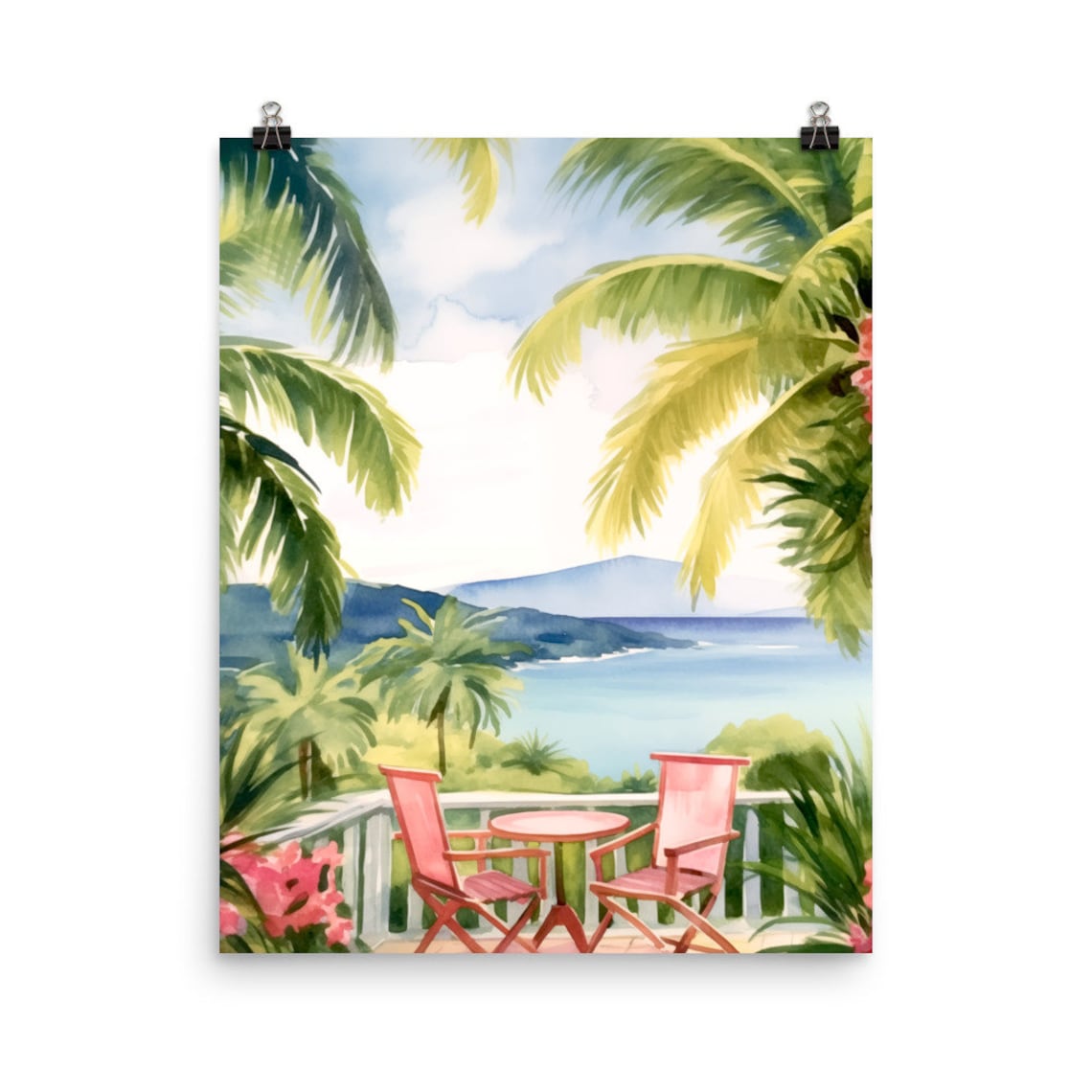 Nevis Island Balcony Ocean View Watercolor Palm Tropical Poster