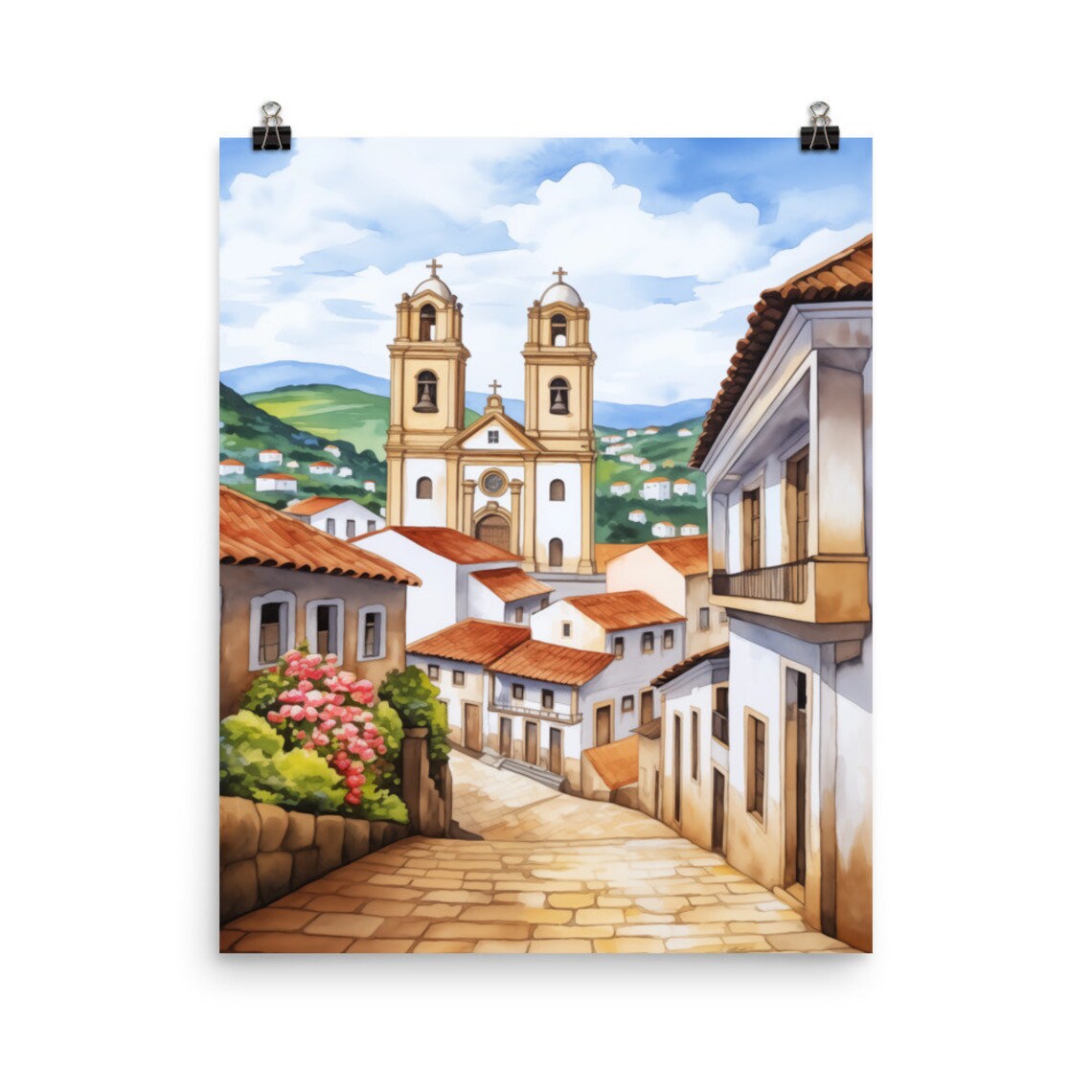 Minas Gerais Colonial Town Church Twin Towers Street Watercolor Poster