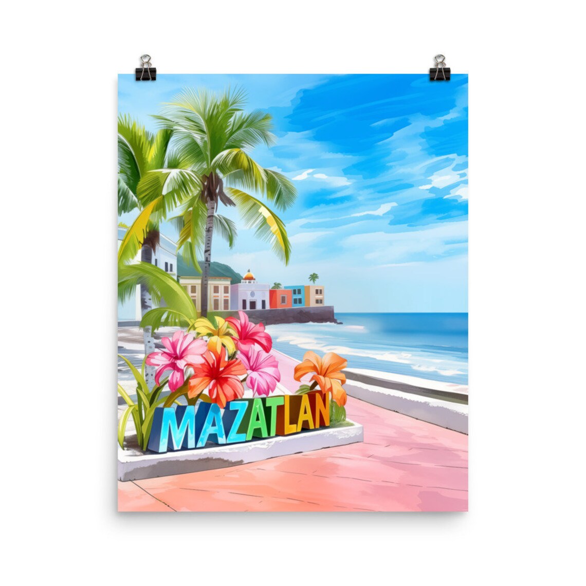 Mazatlan Watercolor Travel Poster, Mexico Cityscape