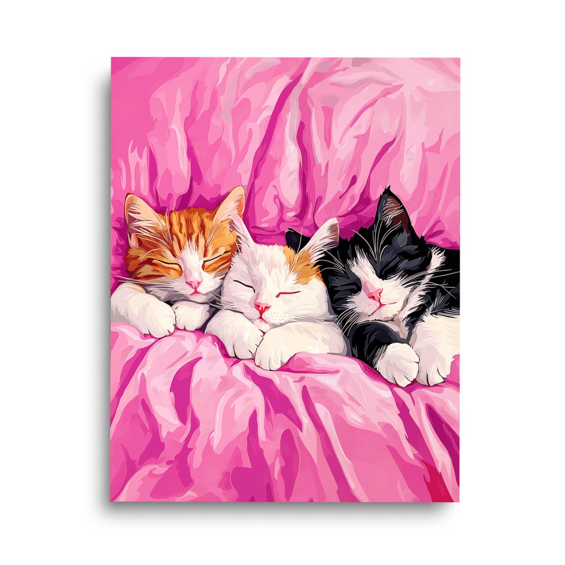 Three Sleeping Kittens Pink Blanket Cute Cats Illustration Poster