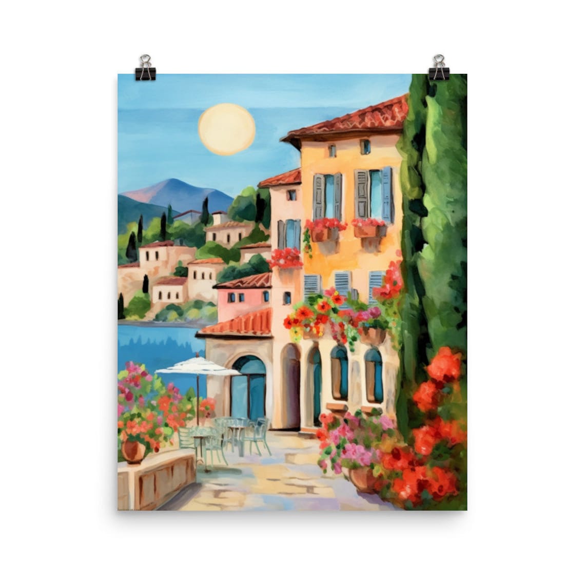 Lake Como Sunlit Lakeside Village Flower Terrace Watercolor Poster
