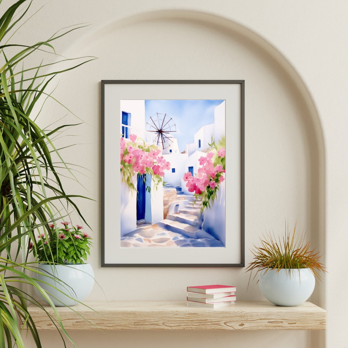 Mykonos Windmill Over Whitewashed Streets Watercolor Art Poster - Image 3