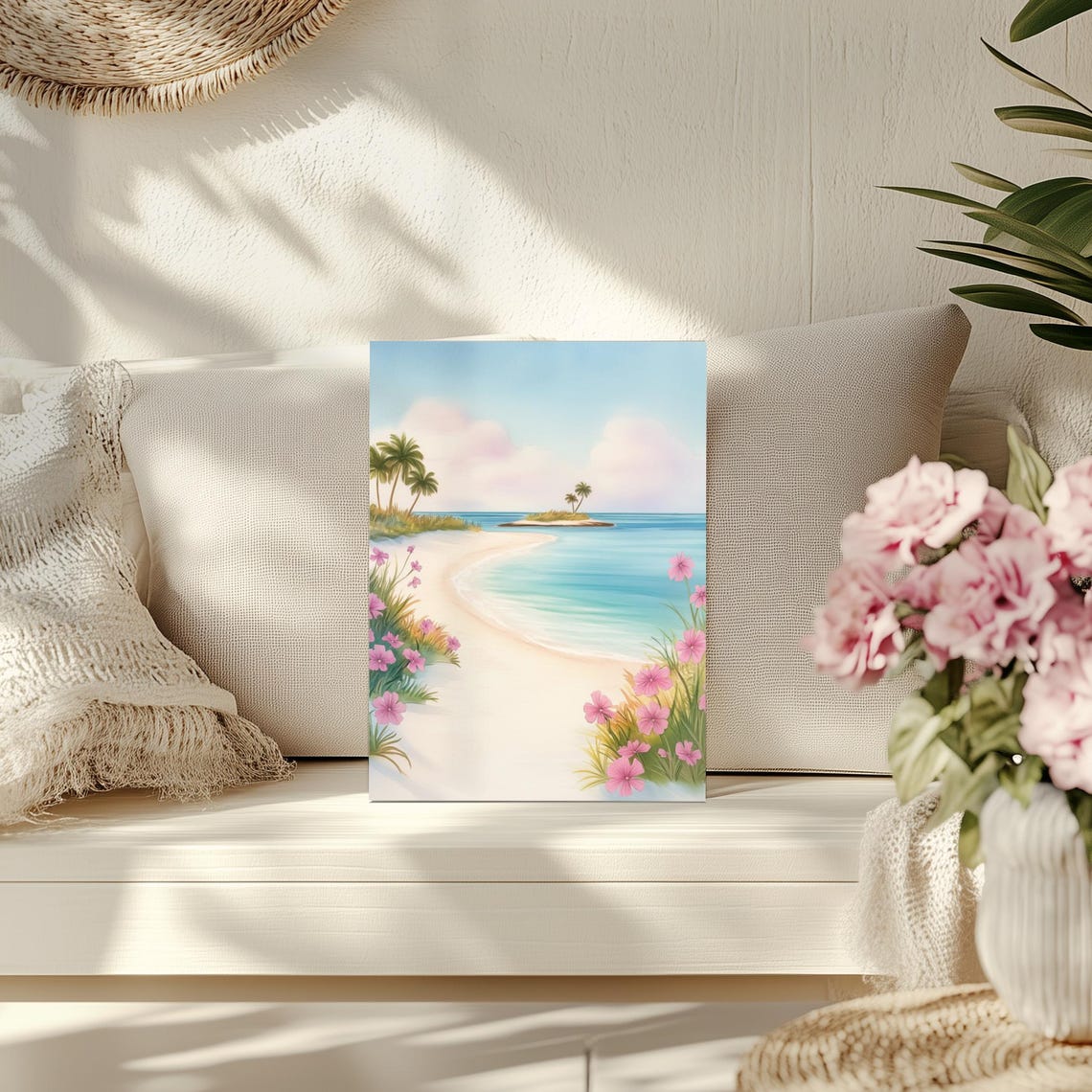Exuma Bahamas Tropical Beach Palms Pink Flowers Watercolor Poster