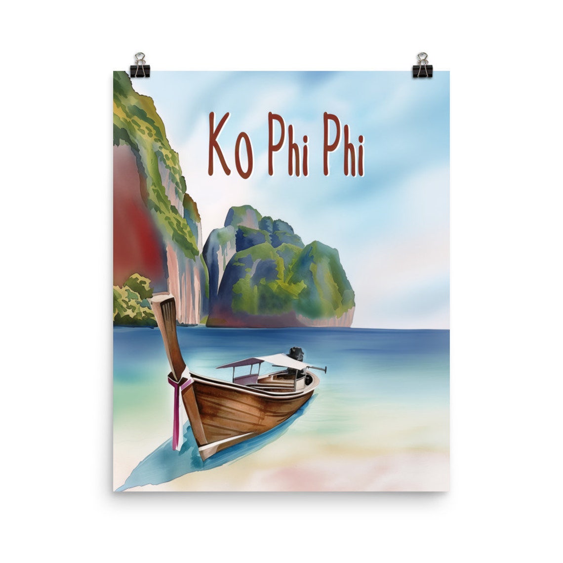 Ko Phi Phi Thailand Longtail Boat Turquoise Water Watercolor Poster