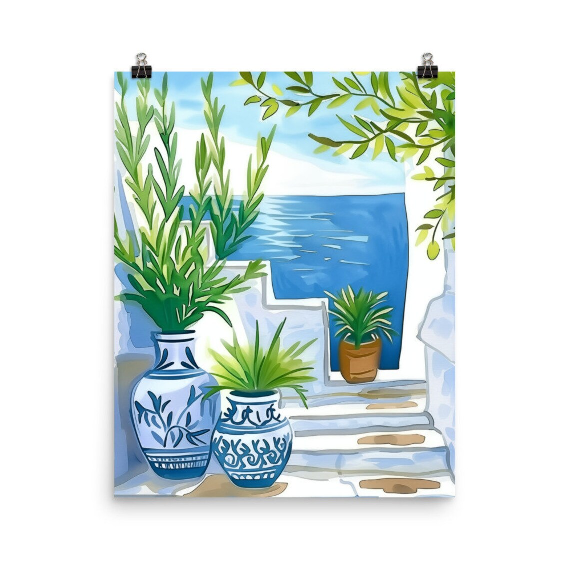 Greek Olive Branch Blue White Vases Sea Steps Watercolor Poster