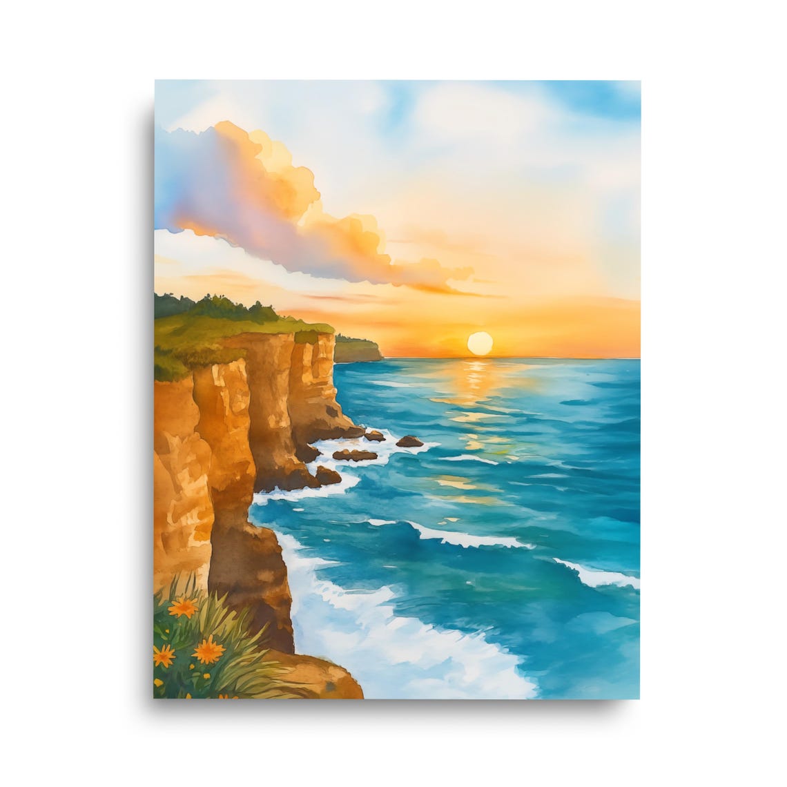 Los Morrillos Cliffs Sunset Watercolor Poster in Cabo Rojo Puerto Rico